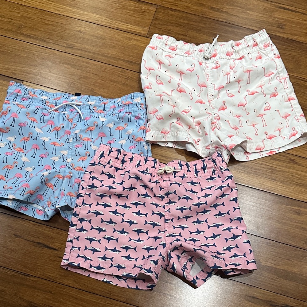 Janie and Jack Flamingo and Shark Print swim Shorts Trio